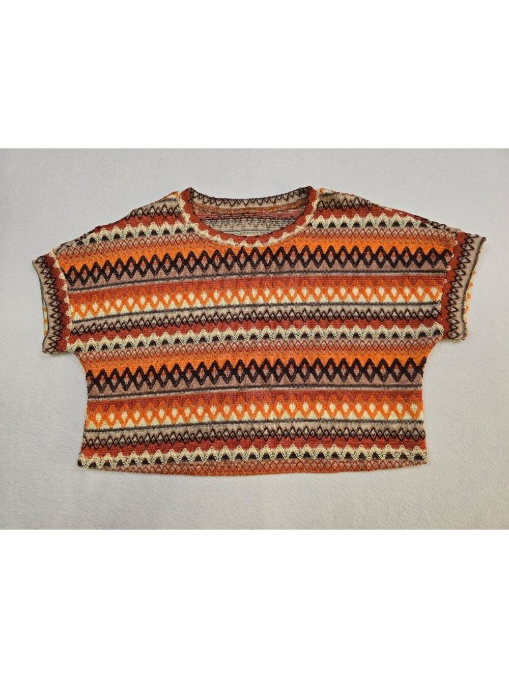 Shein Orange Brown Boho Crop Top Hippie Geometric Pattern Boxy Large